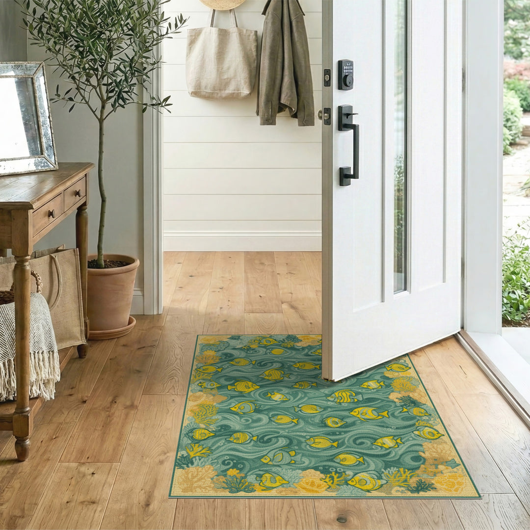 Yellow Fish Teal Wave Coastal Area Rug