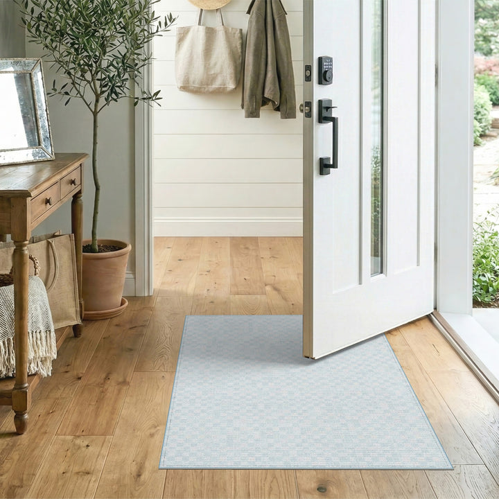 Light Blue Checkered Washable Area Rug