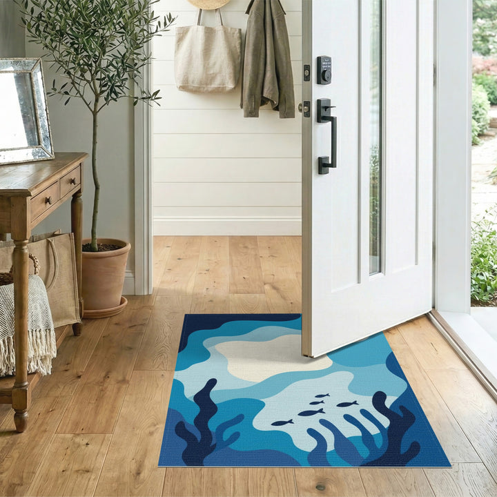 Blue Ocean Waves Fish Area Rug