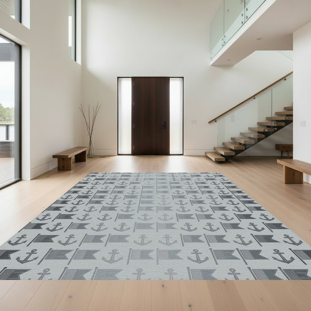 Gray Nautical Anchor Flag Repeat Rug