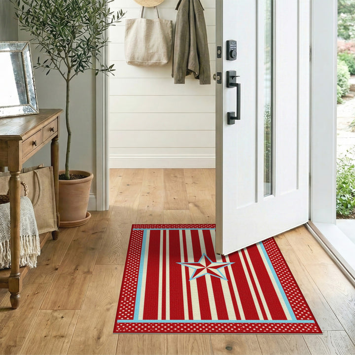 Red Striped Star Washable Area Rug