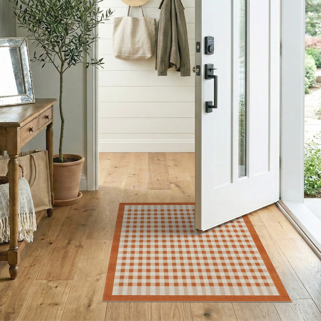 Orange Gingham Checkered Bordered Area Rug