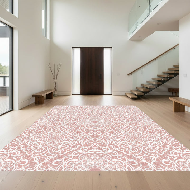 Dusty Rose White Lace Mandala Rug