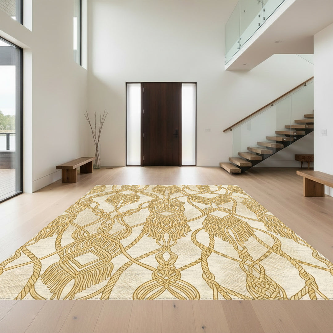 Golden Macrame Knot Scroll Rug