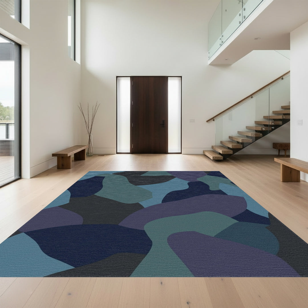 Deep Blue Abstract Camouflage Shapes Rug