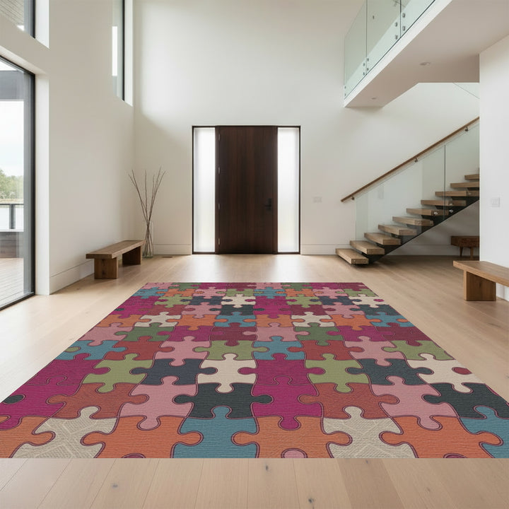 Muted Jewel Tone Puzzle Pieces Rug