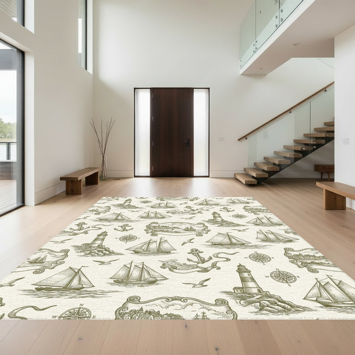 Nautical Lighthouse Sailboat Anchor Marine Scene Rug