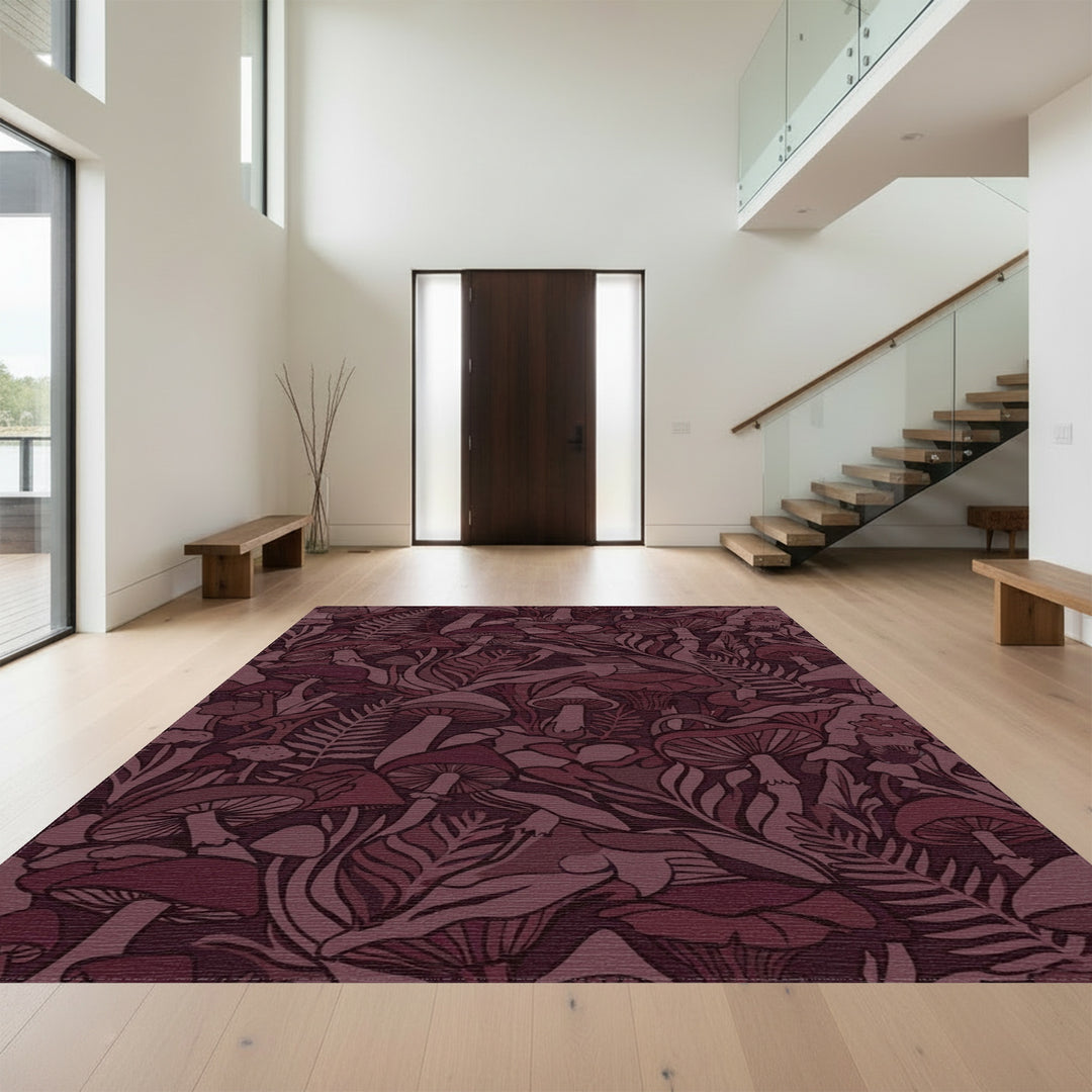 Mushroom Fern Forest in Burgundy Rug