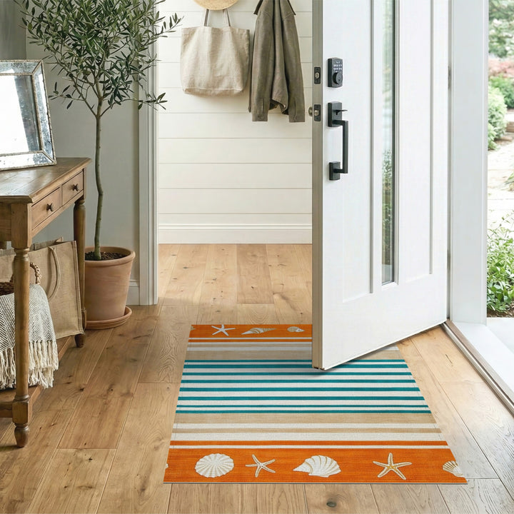 Teal Striped Coastal Seashell Area Rug