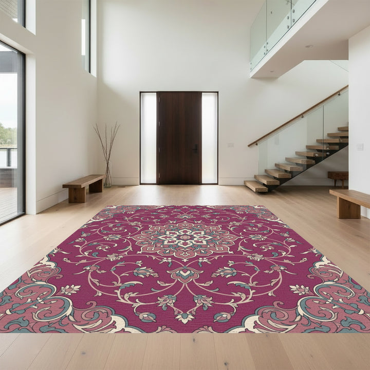 Crimson Floral Medallion Botanical Scroll Rug