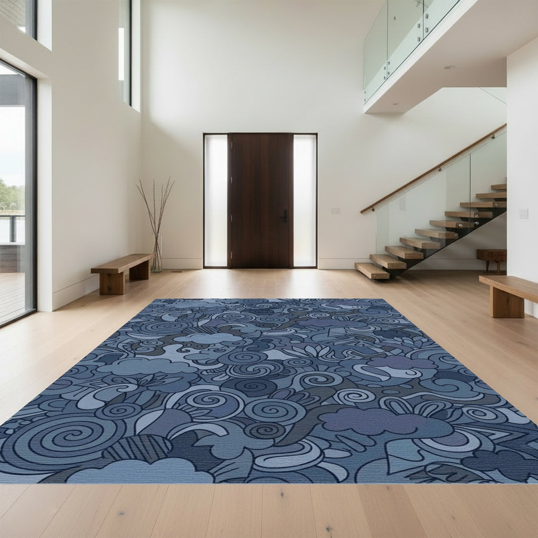 Moody Blue Abstract Swirl Clouds Rug
