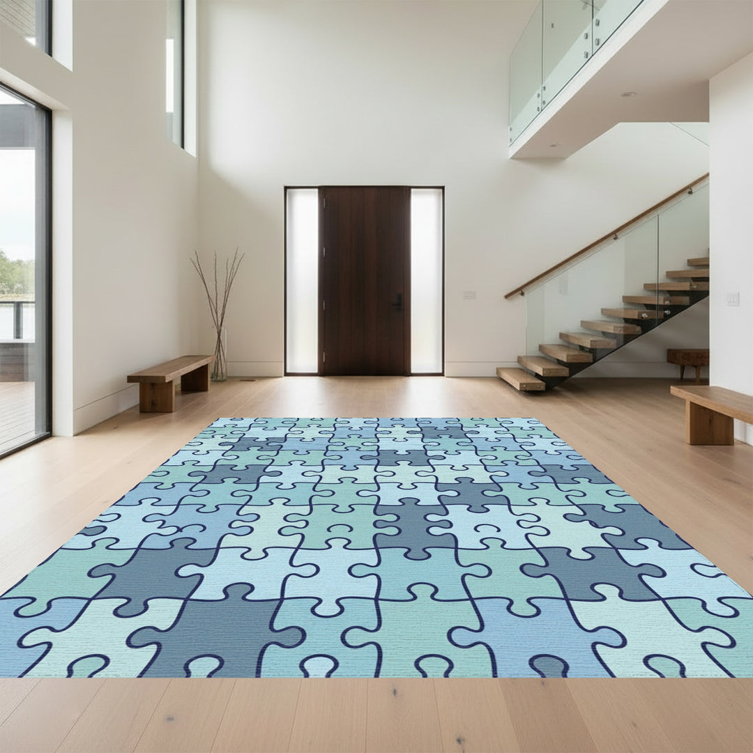 Cool Blue Interlocking Puzzle Pieces Rug