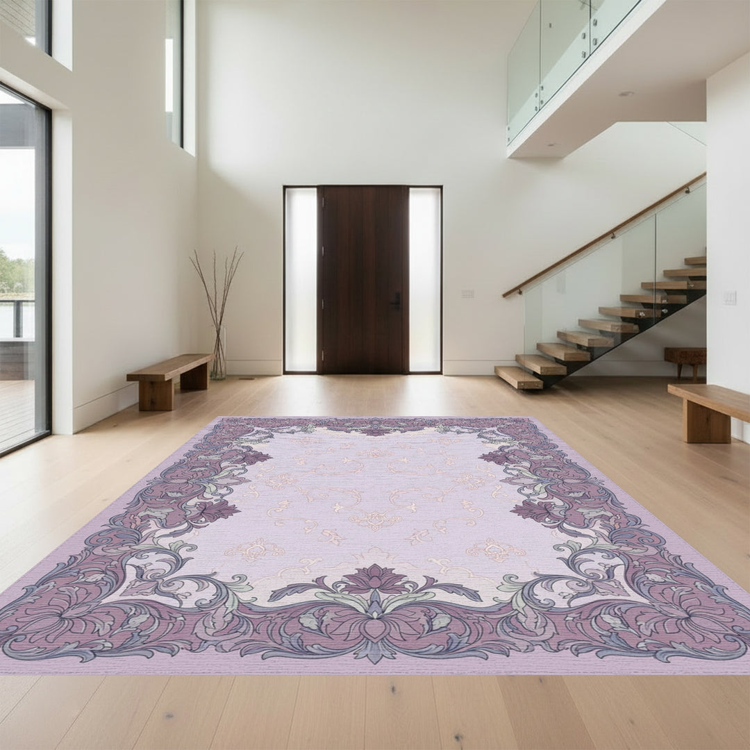Ornate Lavender Floral Scrollwork Rug