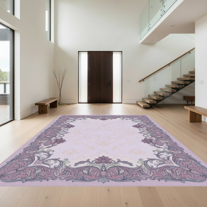 Ornate Lavender Floral Scrollwork Rug