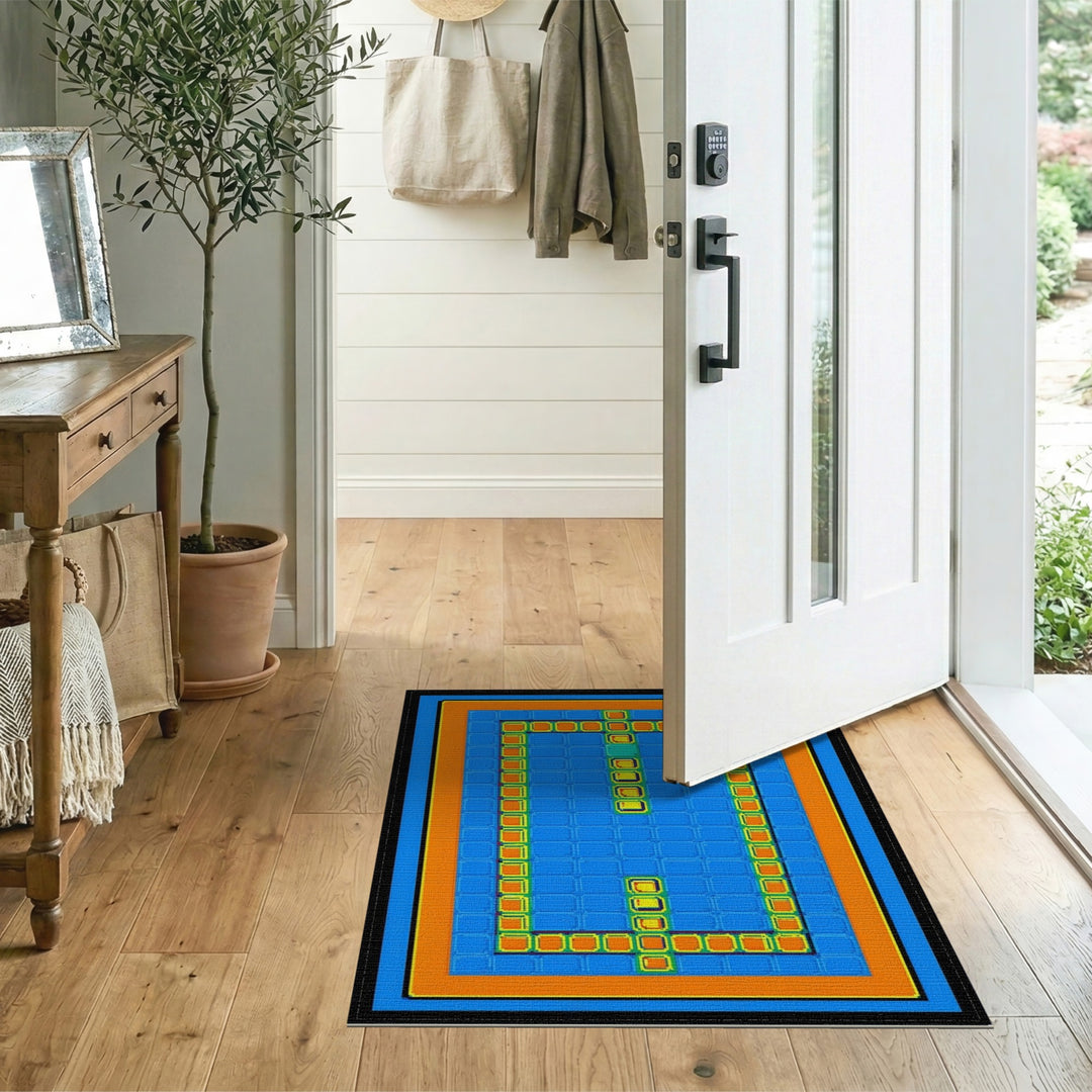 Blue Geometric Area Rug with Orange Border
