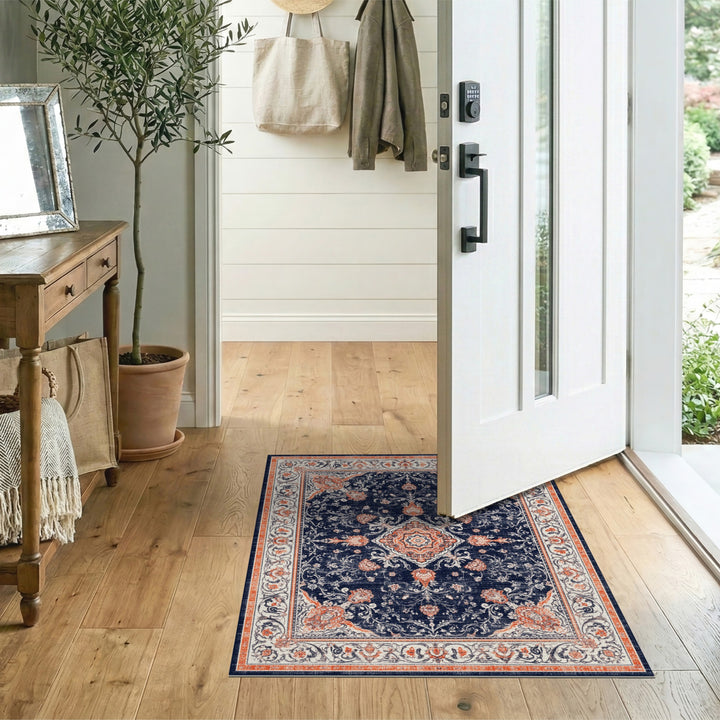 Blue and Teal Navy Blue Floral Traditional Persian Area Rug