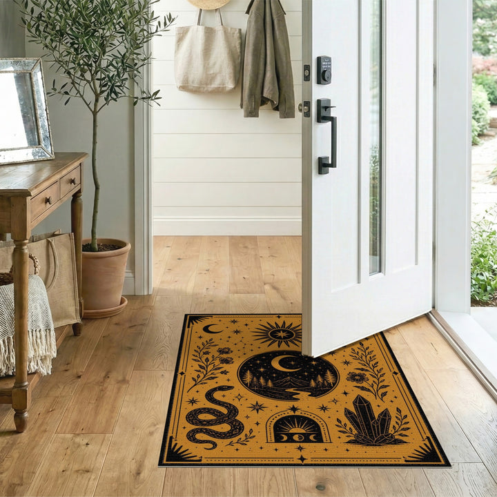 Celestial Boho Area Rug with Snake Owl and Moon