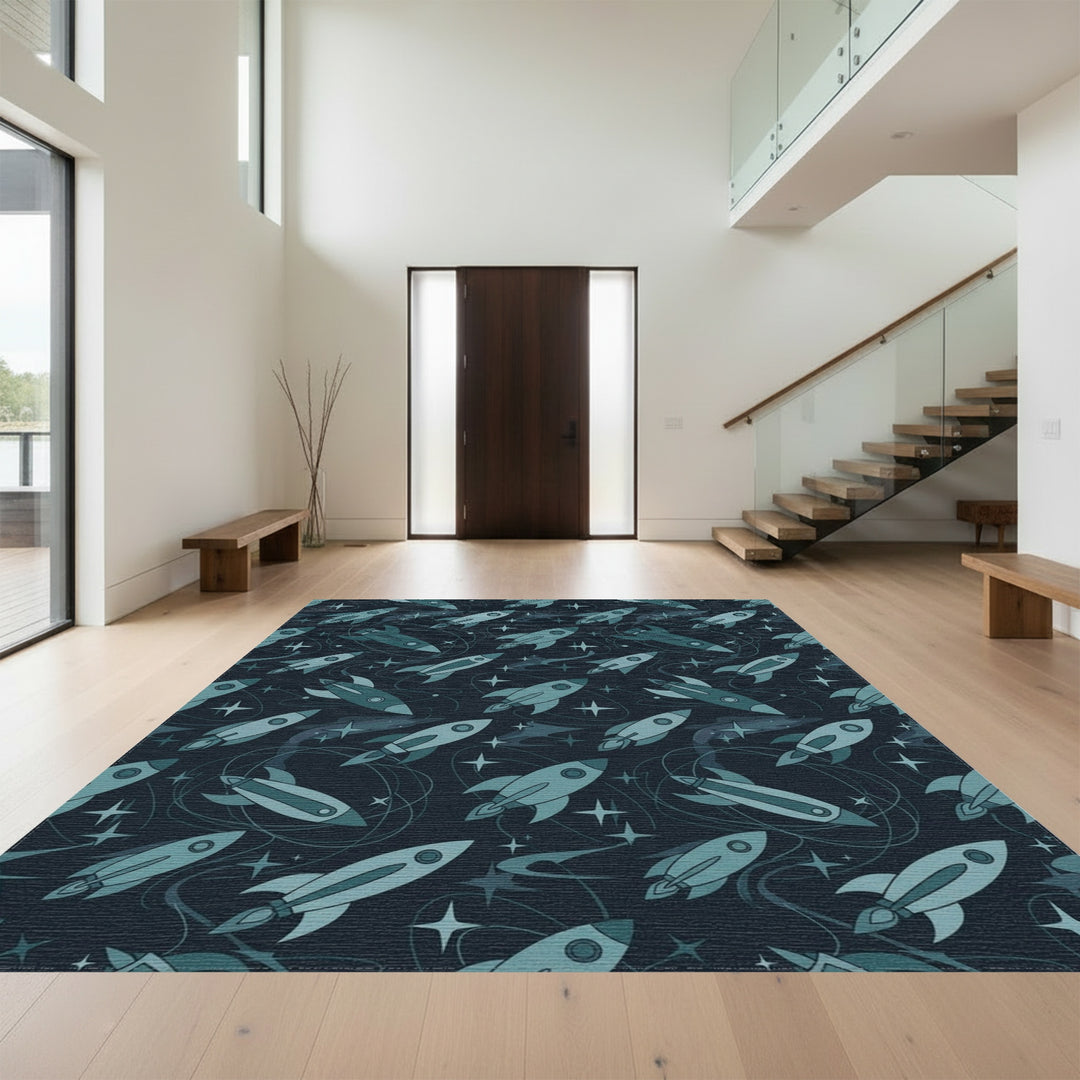 Retro Blue Mid Century Rocket Galaxy Rug