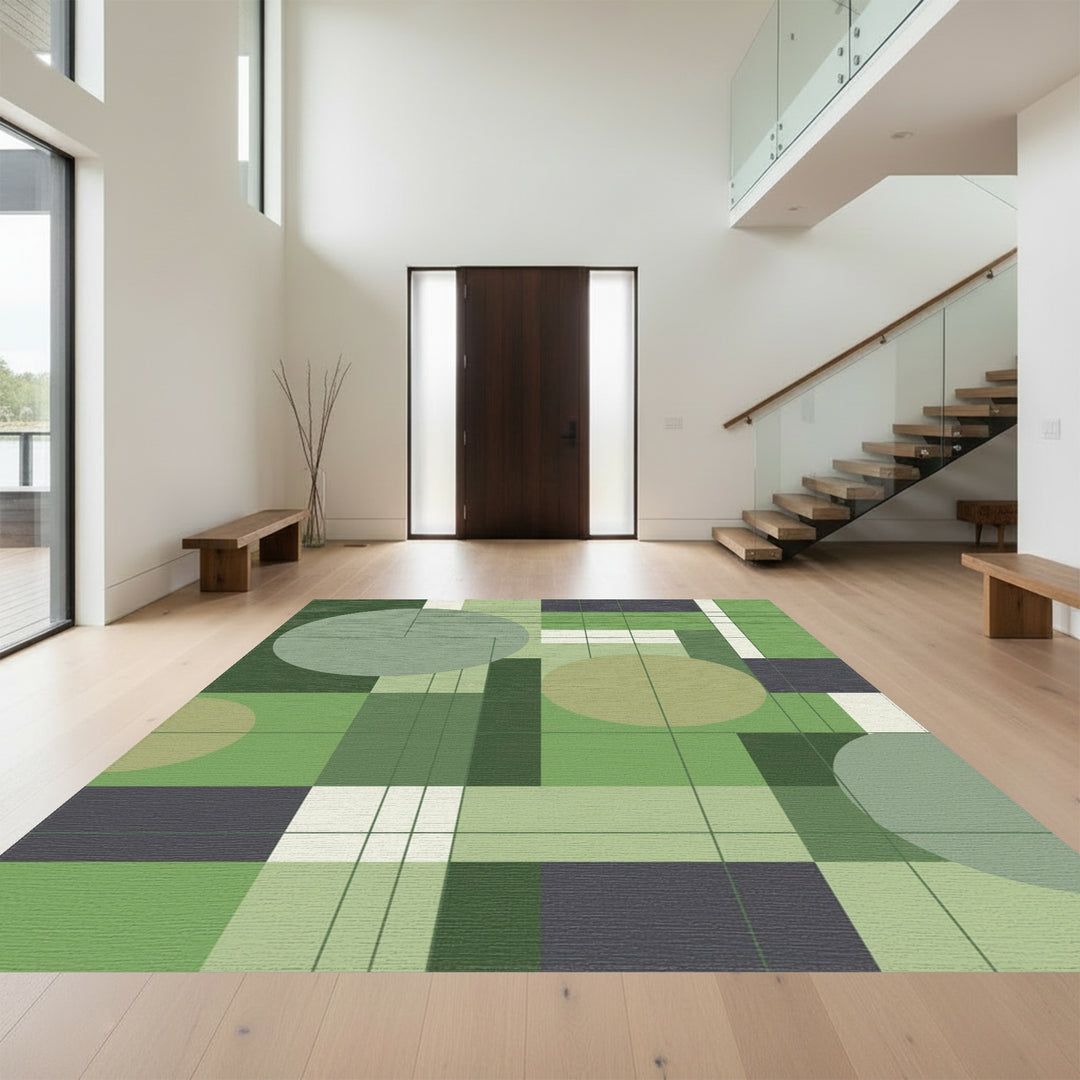 Abstract Green Geometric Circles and Squares Rug