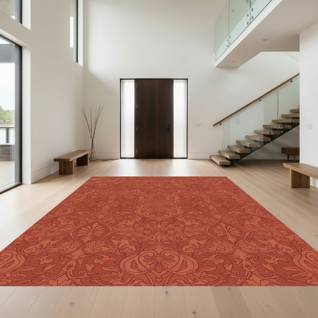 Terracotta Red Damask Scrollwork Rug