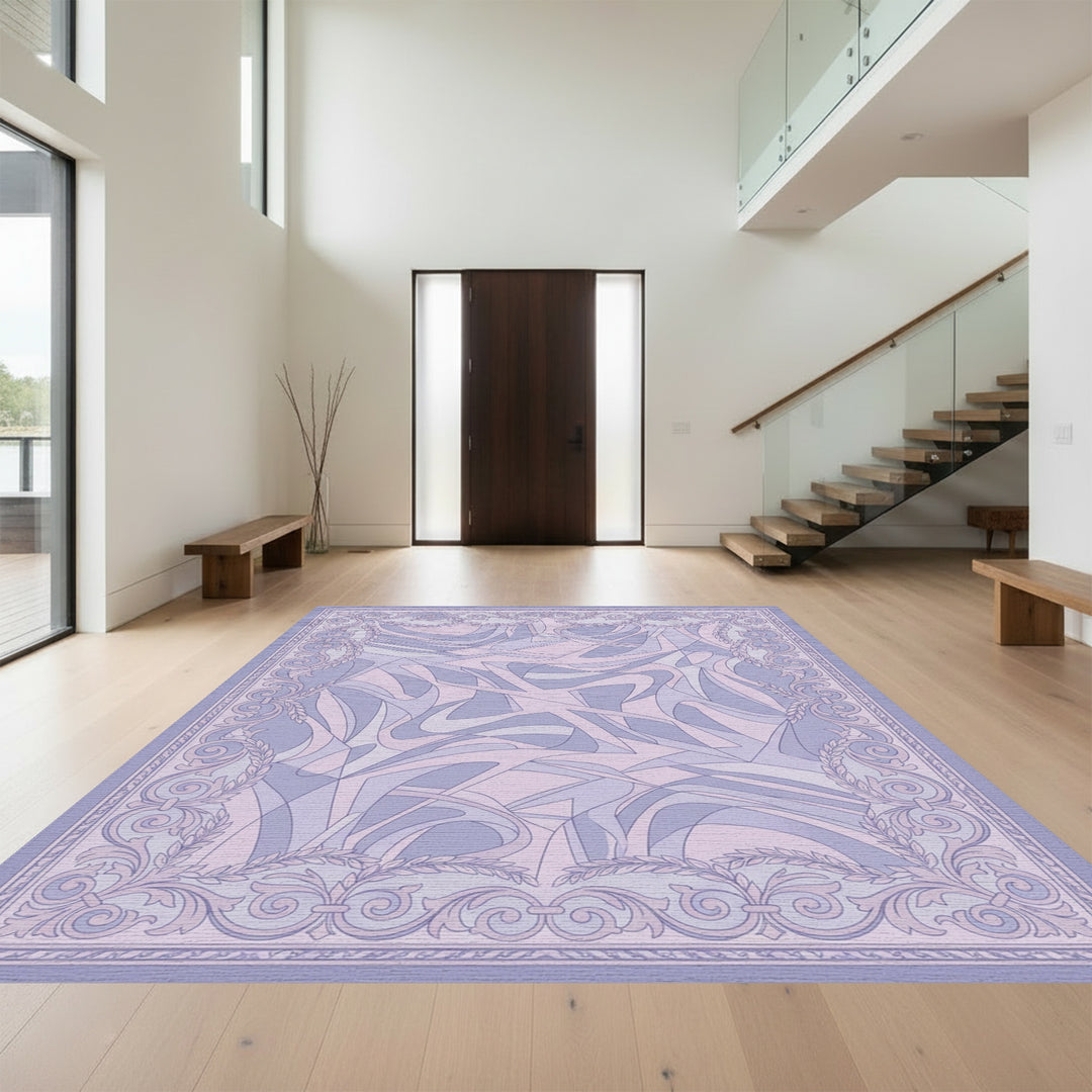 Lavender Swirl Abstract Scrolled Frame Rug