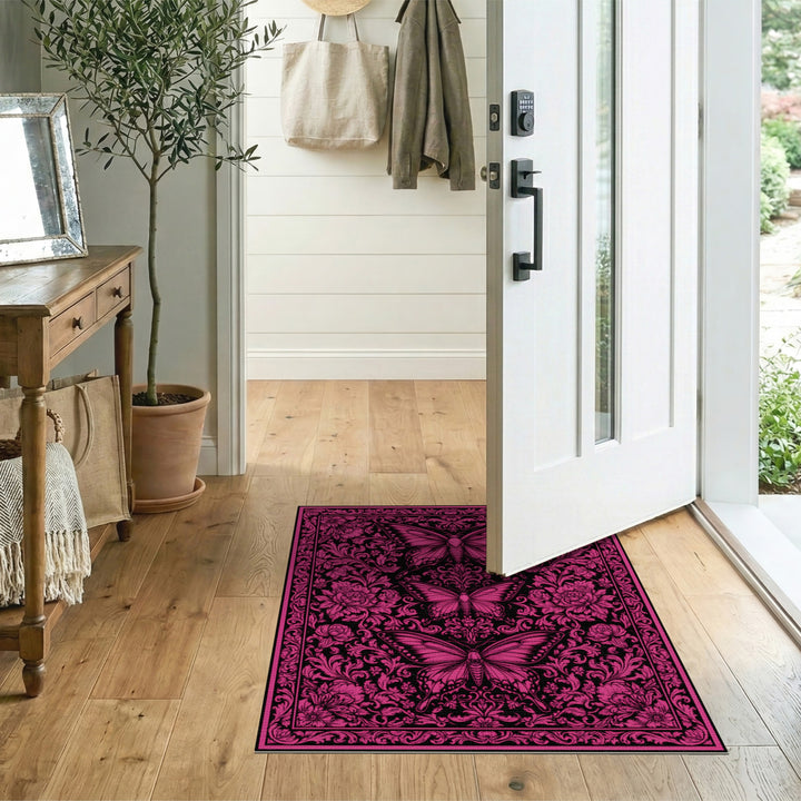 Pink Butterfly Floral Vintage Area Rug