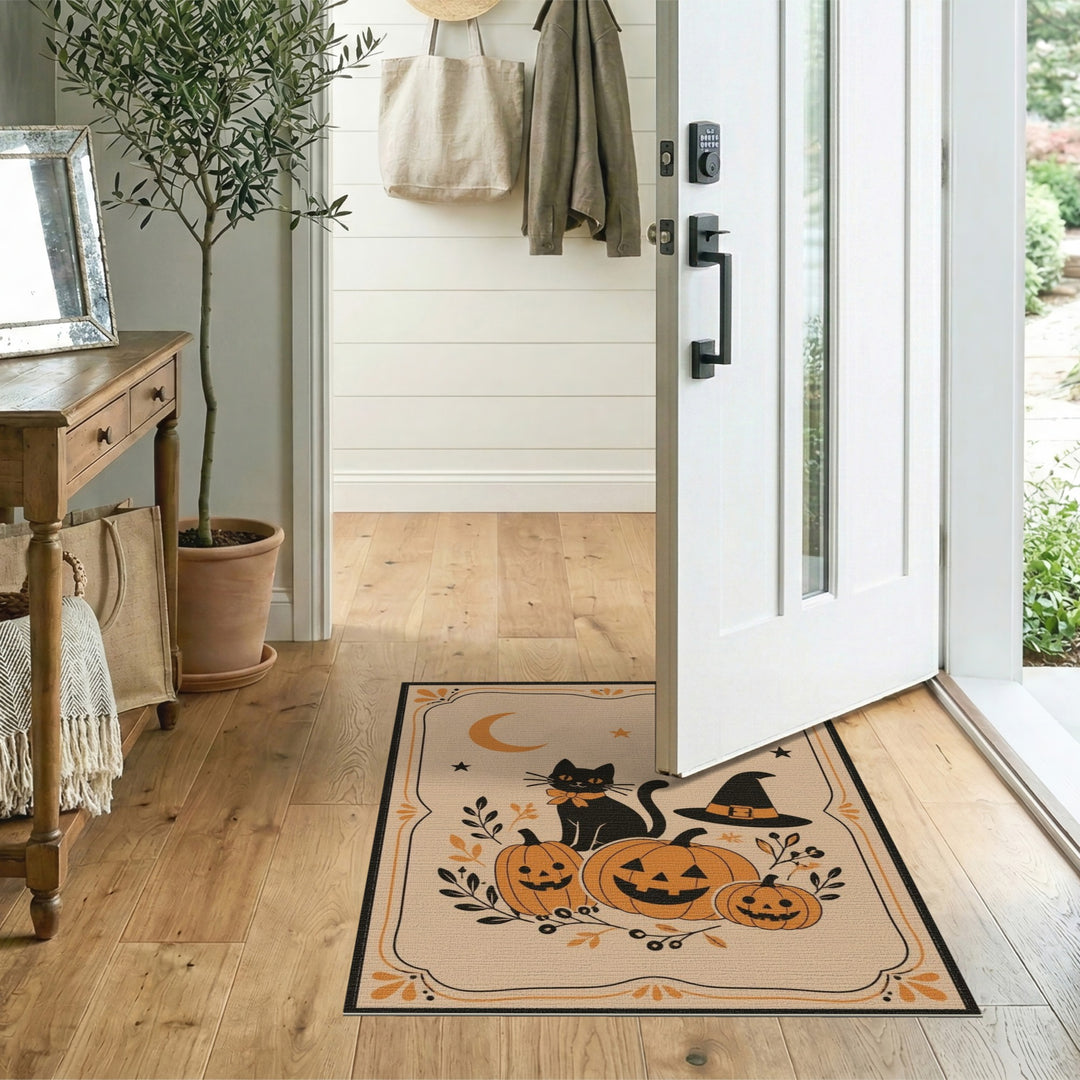 Beige and Neutral Halloween Black Cat Pumpkin Area Rug