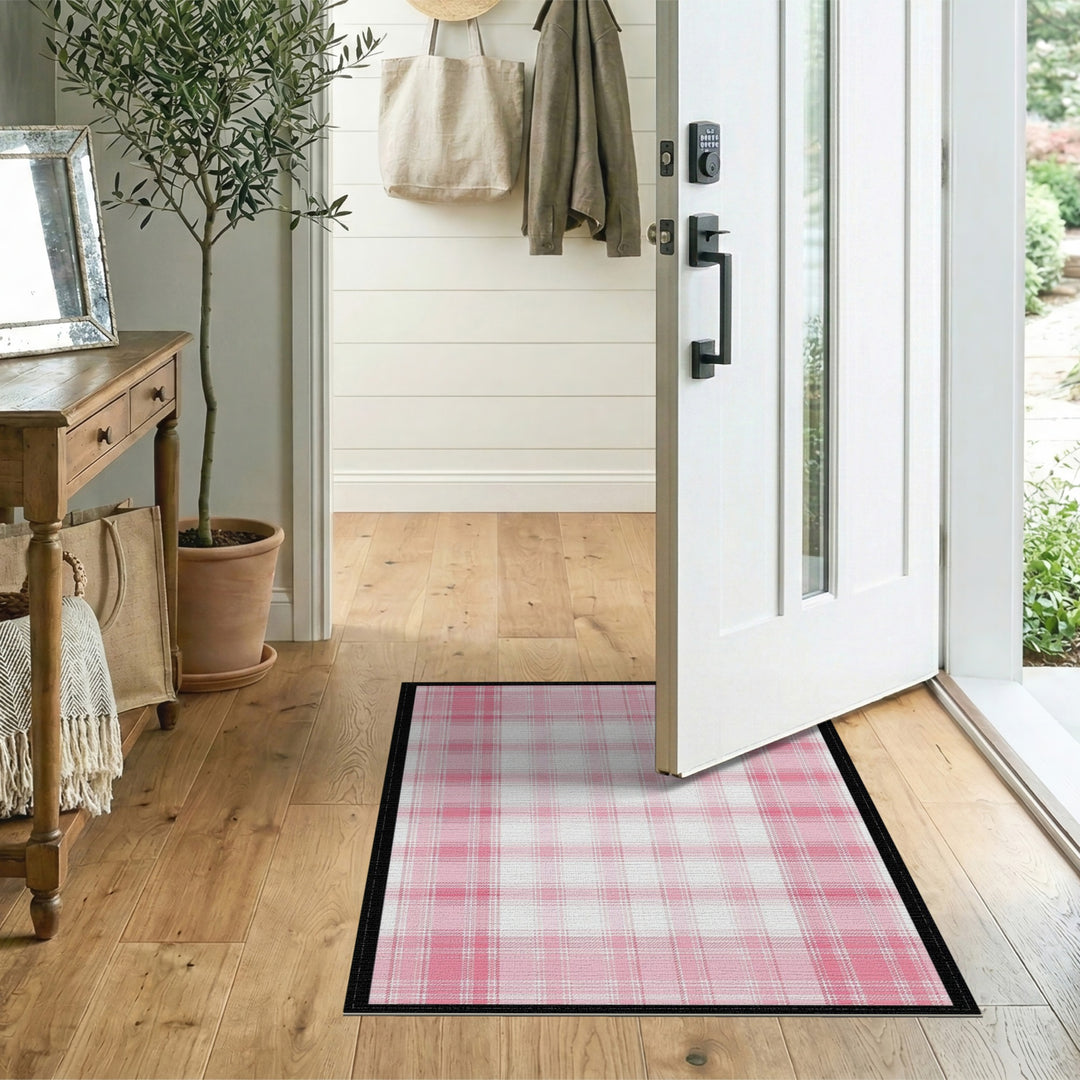 Pink Plaid Washable Pink Area Rug