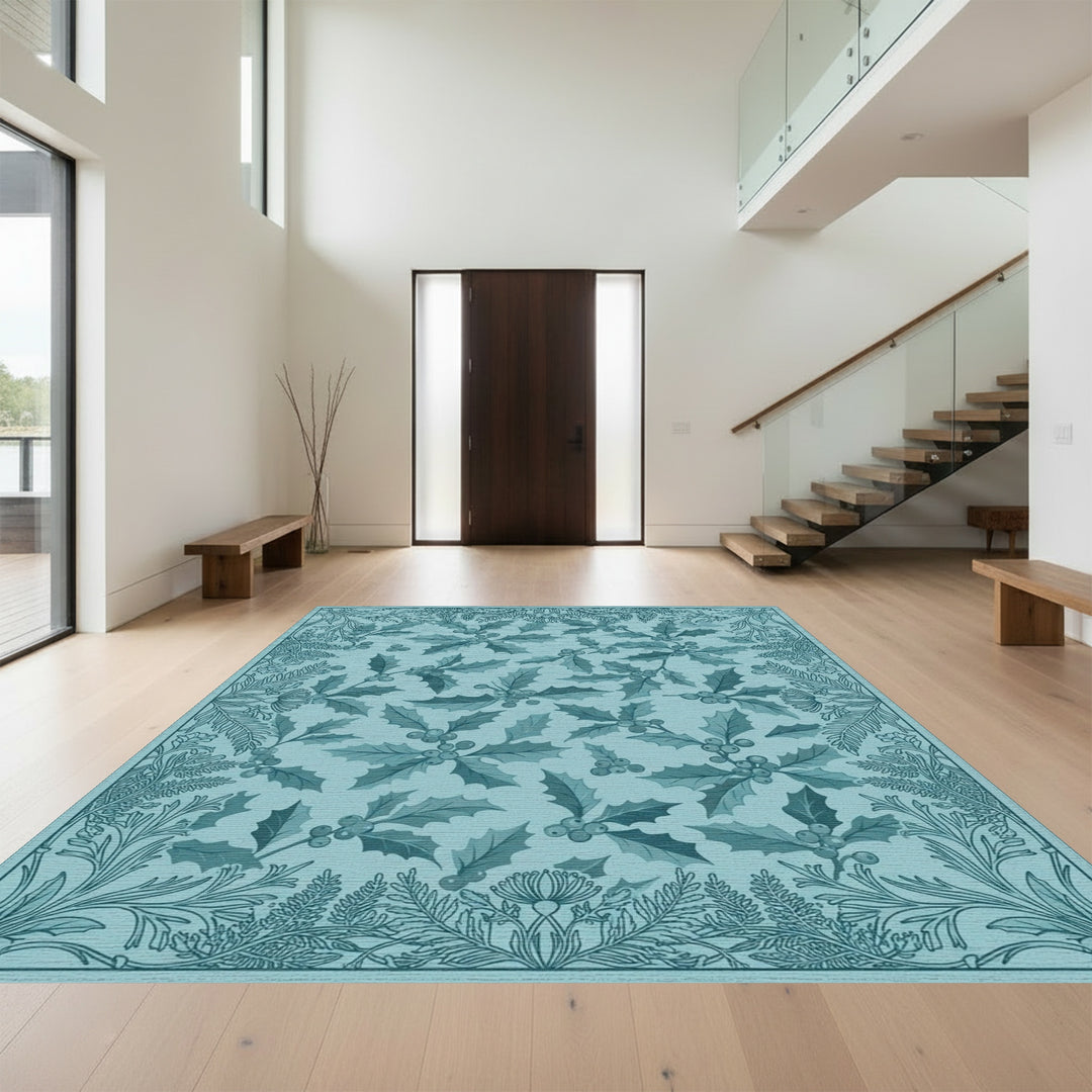 Teal Holly Berry Floral Border Rug