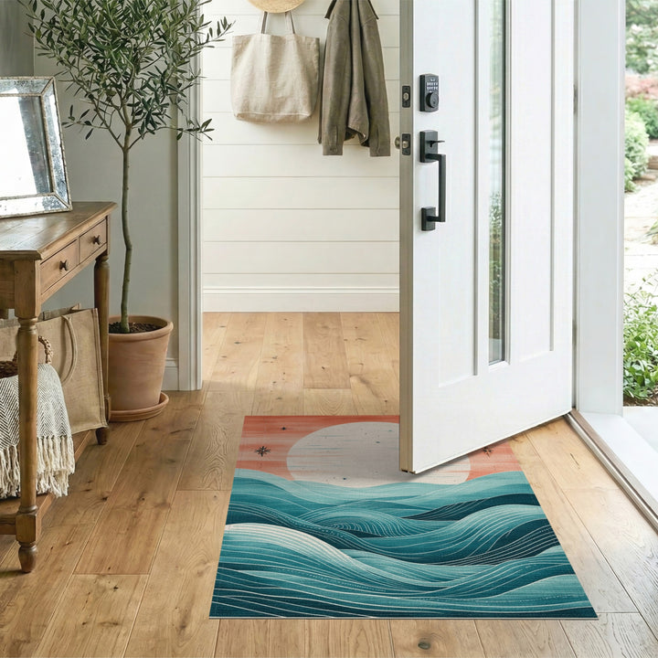 Teal Coastal Sunset Wave Area Rug