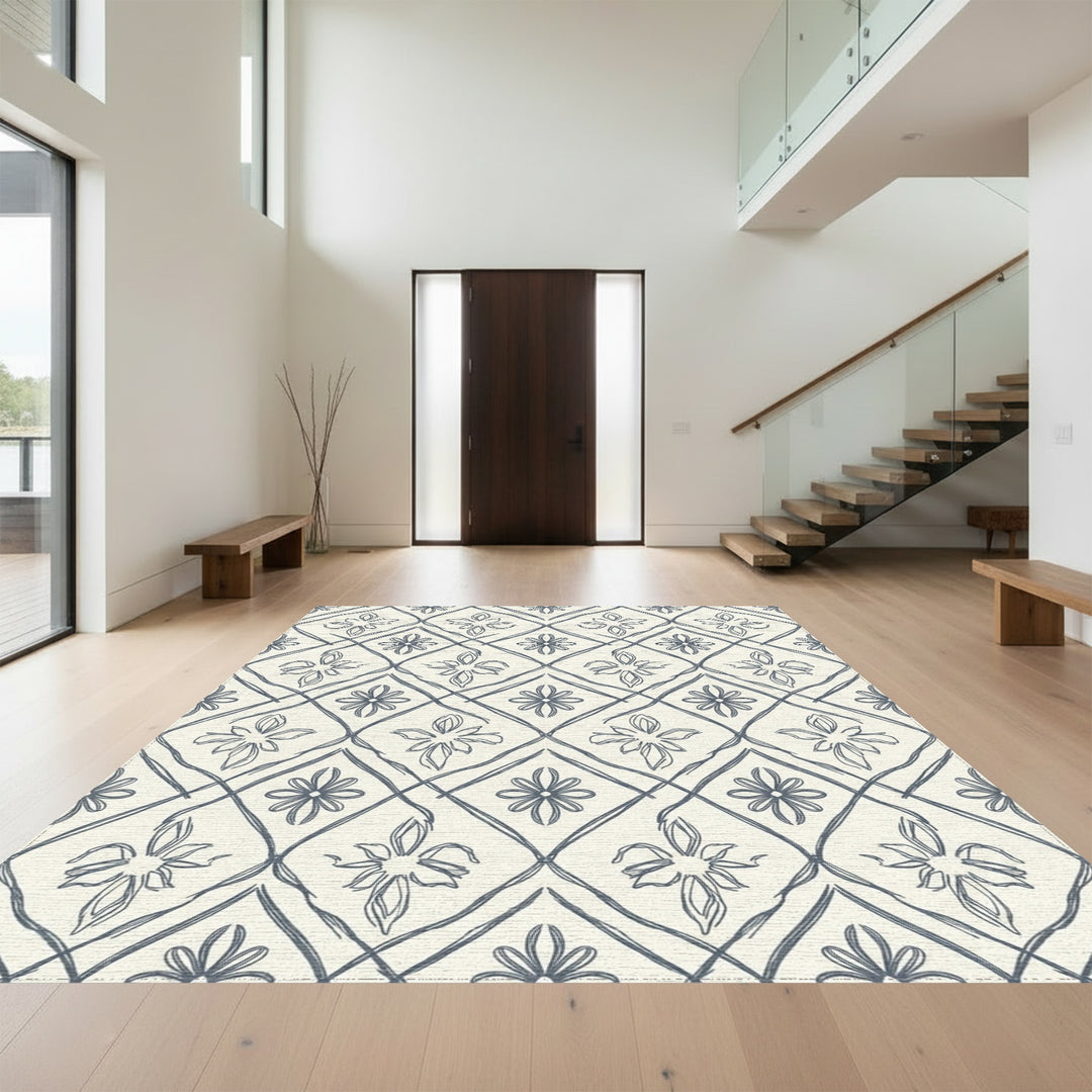 Gray Ivory Outline Floral Lattice Rug