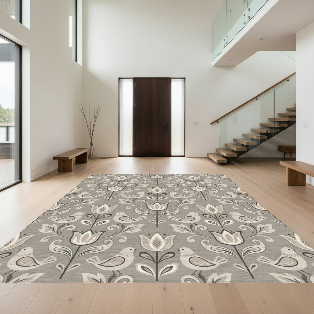 Rustic Beige Bird Tulip Floral Rug