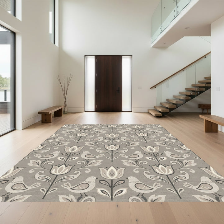Rustic Beige Bird Tulip Floral Rug