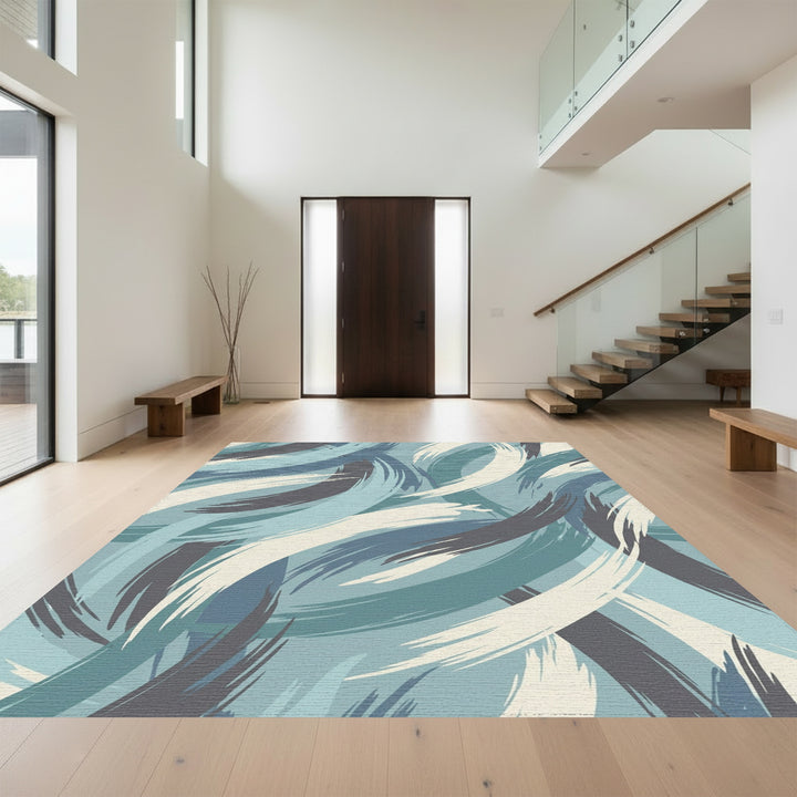Coastal Blue Abstract Brushstroke Swirls Rug