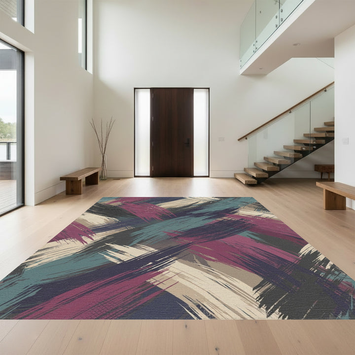 Bold Crimson Teal Brushstroke Abstract Rug