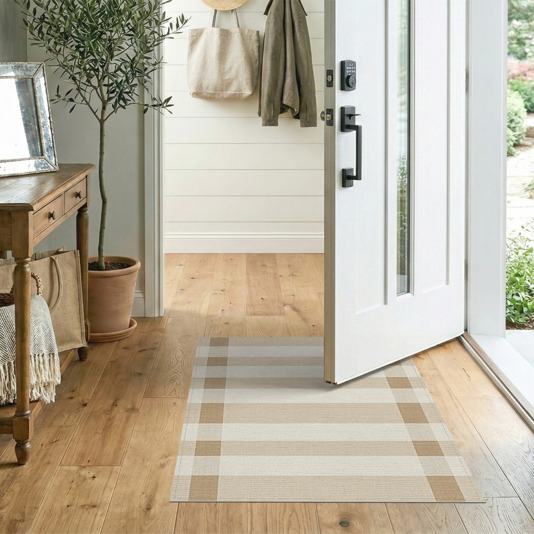 Beige and Neutral Beige Checkered Washable Area Rug