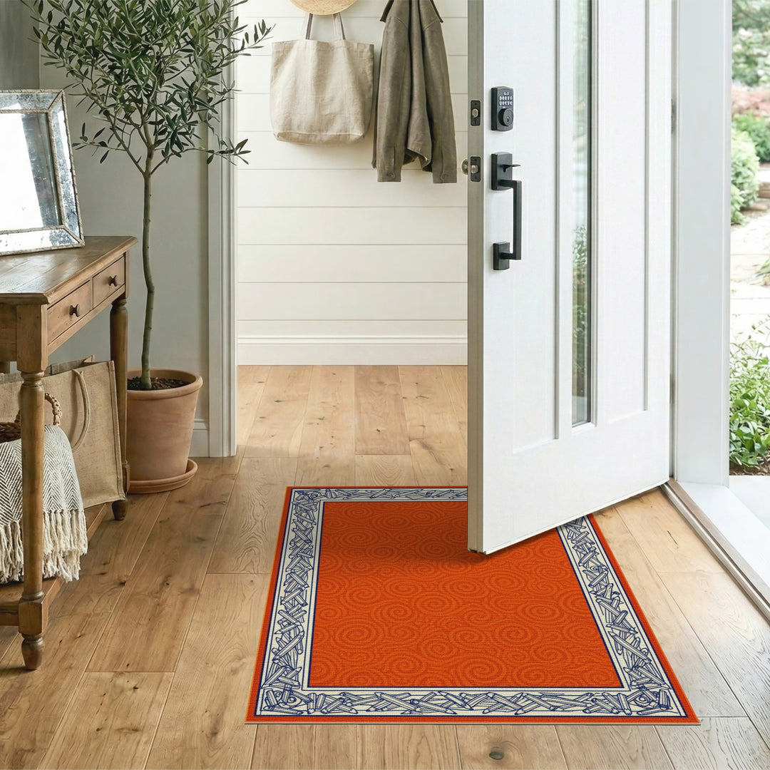 Orange Swirl Pencil Border Kids Area Rug