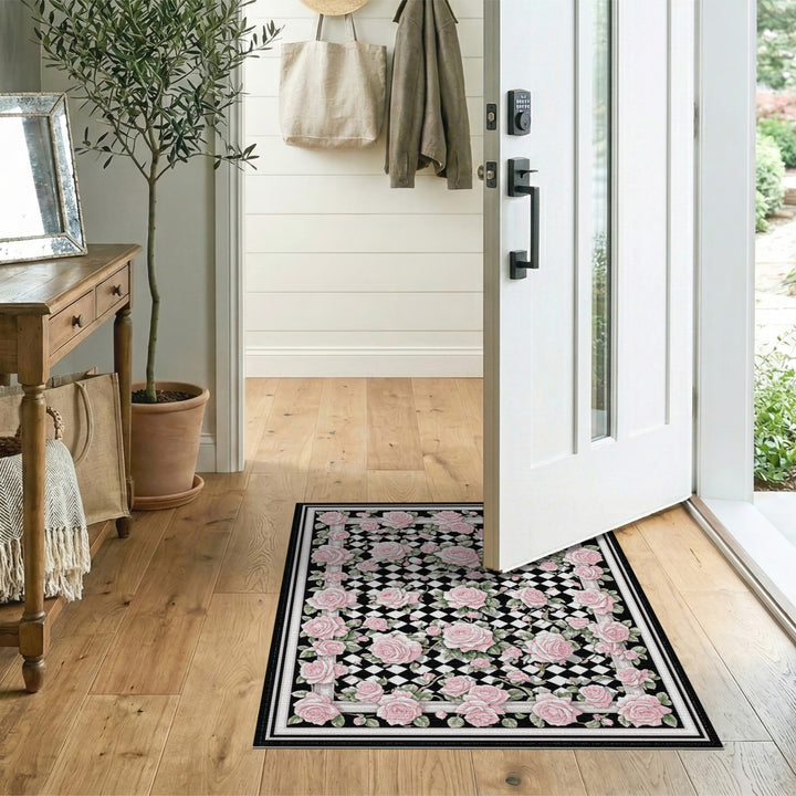 Pink Rose Trellis Checkered Area Rug