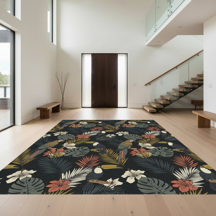 Exotic Macaws Toucans Tropical Foliage Rug