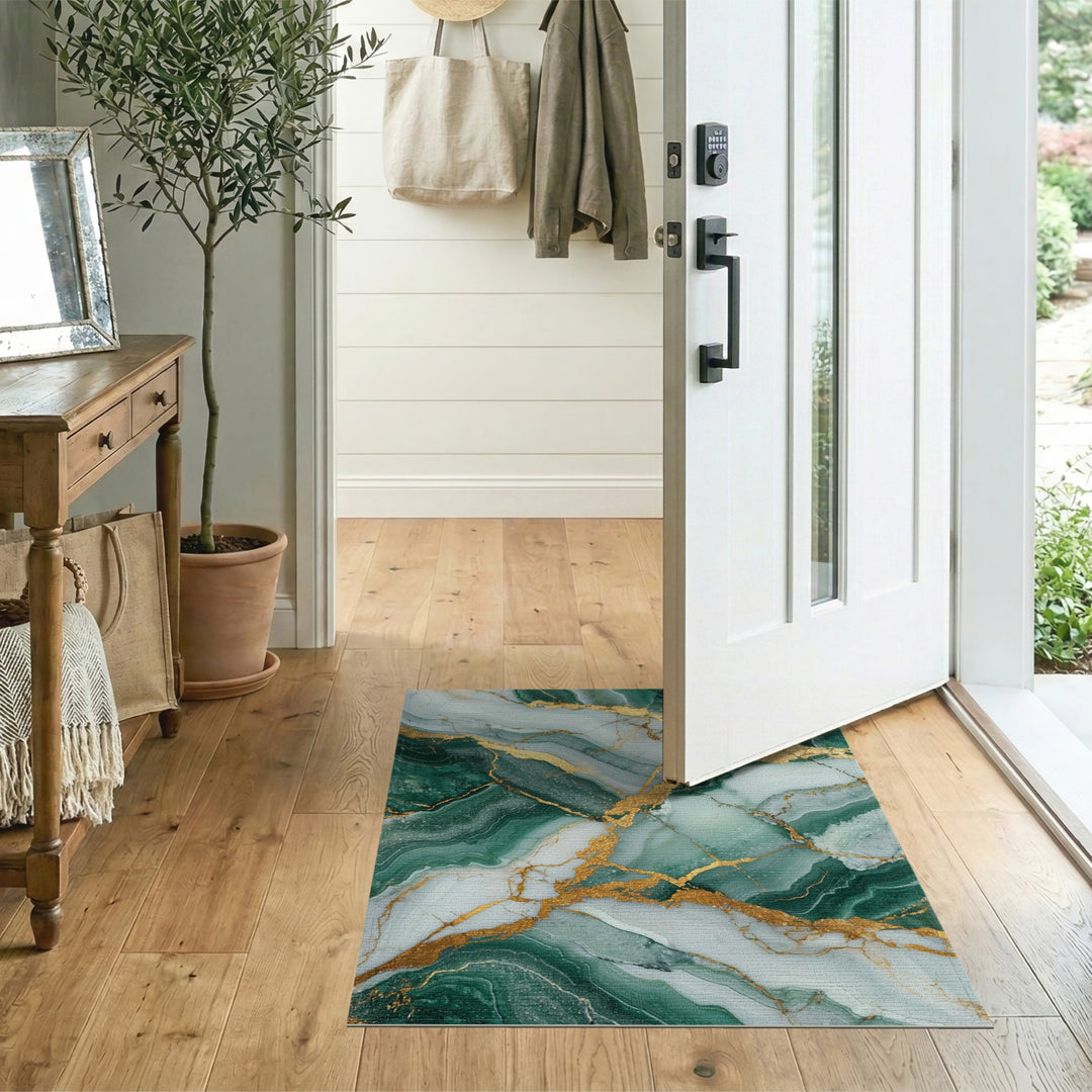 Green Abstract Area Green Marble Gold Vein Area Rug