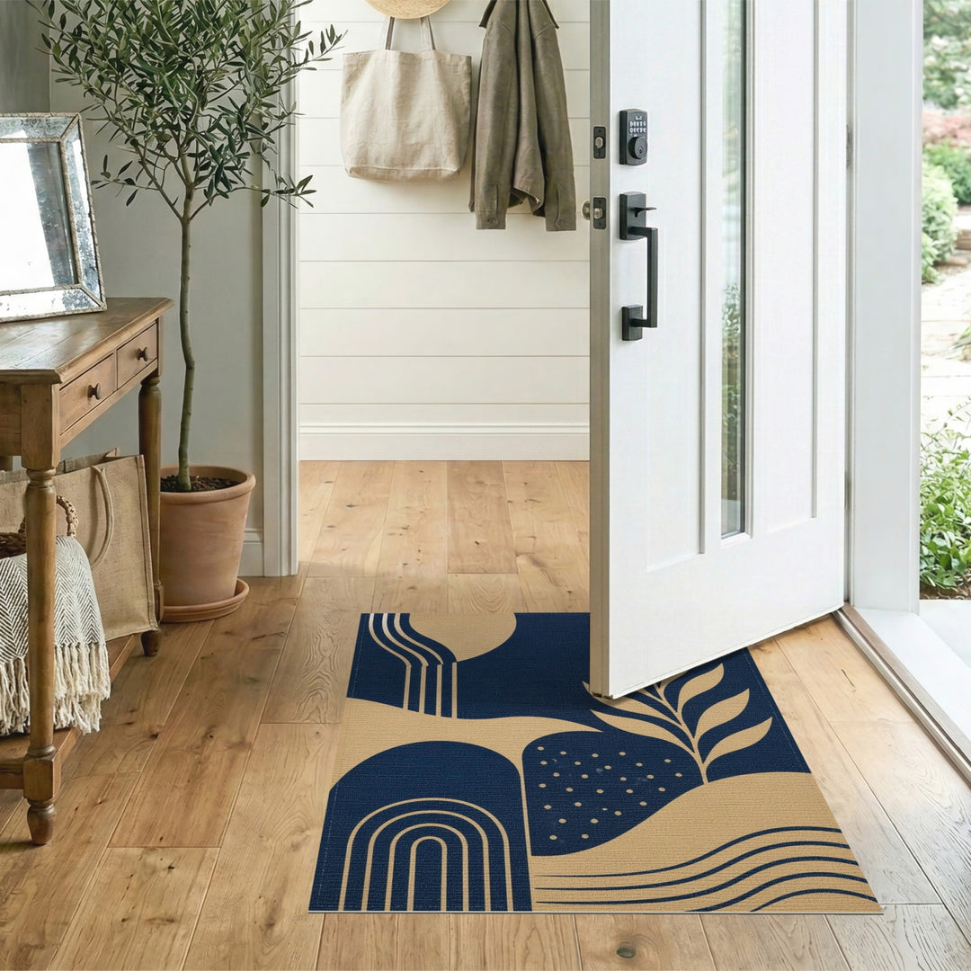 Navy Gold Geometric Leaf Area Rug