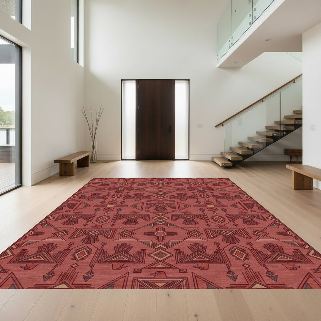 Crimson Tribal Thunderbird Geometric Rug