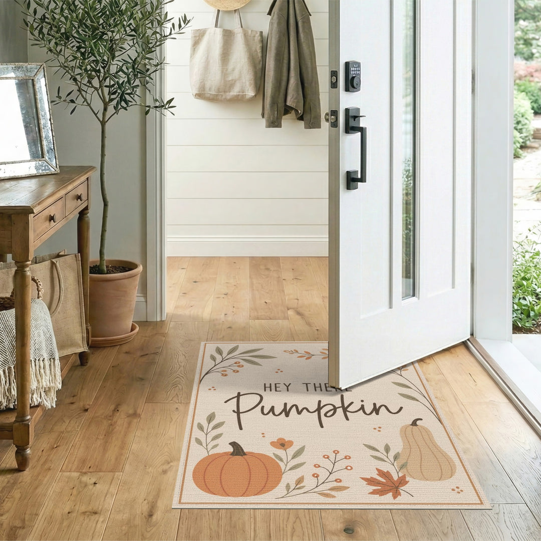 Beige and Neutral Rustic Farmhouse Hey There Pumpkin Beige Area Rug