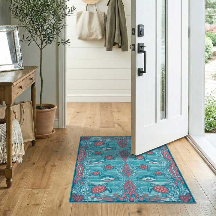 Blue Teal Sea Turtle Coastal Blue and Teal Area Rug