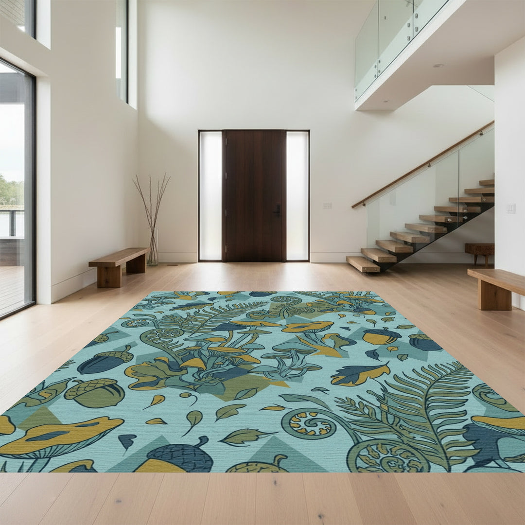 Forest Mushrooms Fern Acorns Teal Yellow Rug