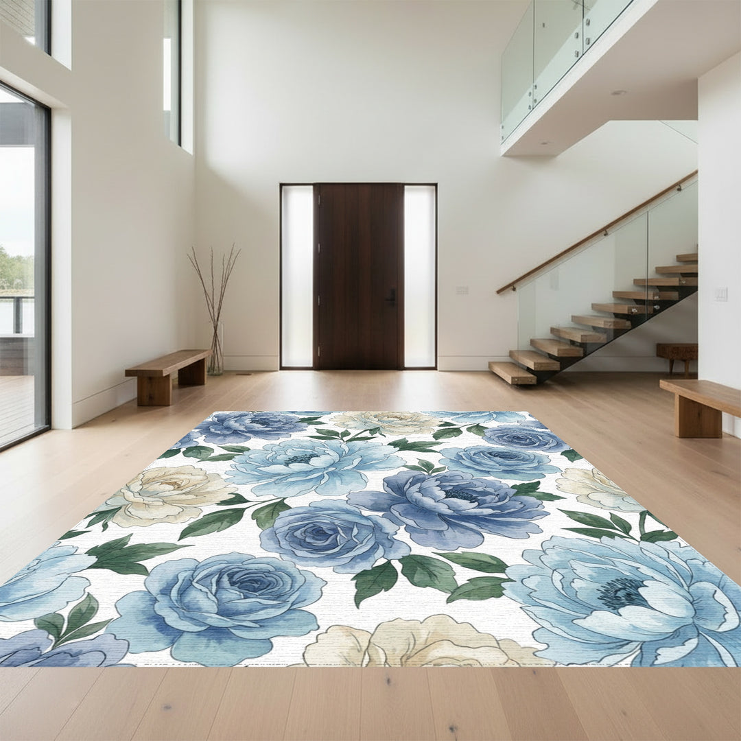 Serene Blue Cream Floral Watercolor Blossoms Rug