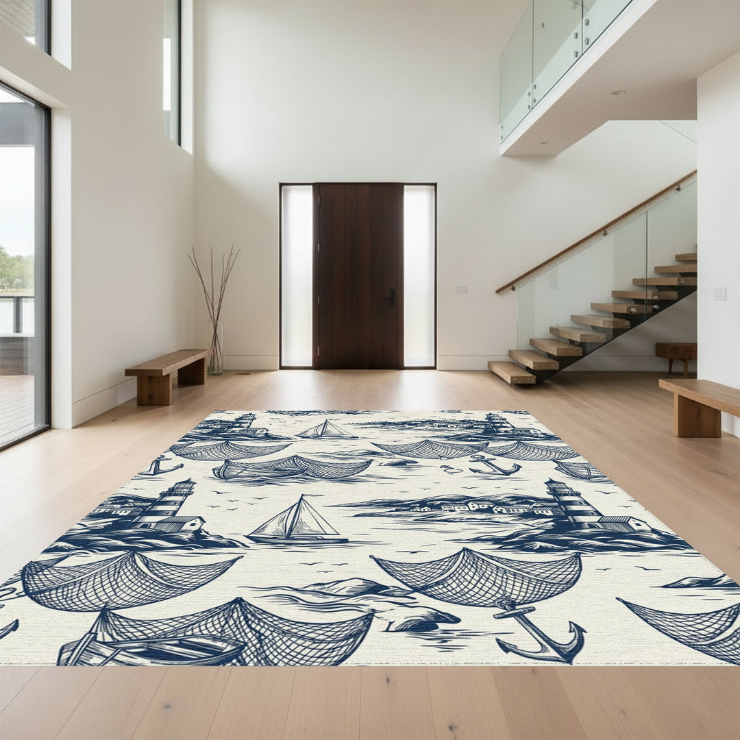 Nautical Village Lighthouse Sailboat Anchor Scene Rug