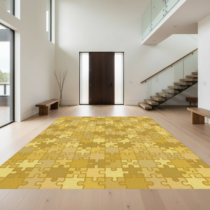 Golden Jigsaw Puzzle Tile Arrangement Rug
