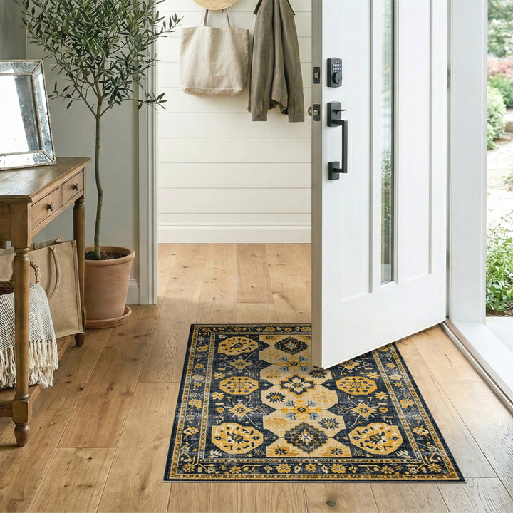 Distressed Navy Yellow Floral Vintage Area Rug
