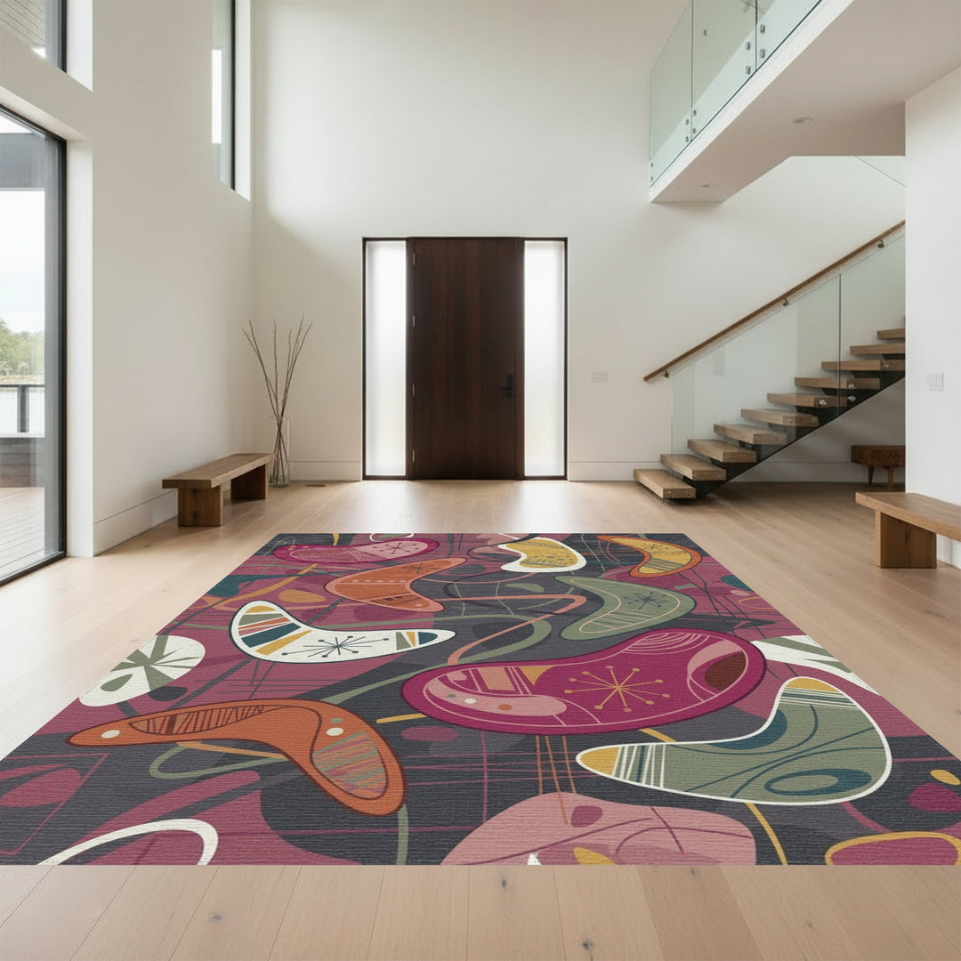 Retro Boomerang Shapes Red Green Yellow Rug
